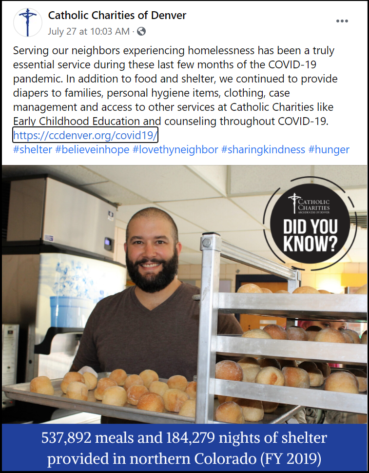 Catholic Charities of Denver Facebook Post showing a man with baked goods to serve to people in need at their shelter during the COVID-19 pandemic.