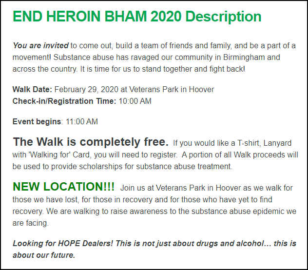 Addiction Prevention Coalition made a great creative fundraising appeal by framing their peer-to-peer event as a movement to prevent addition in Birmingham Alabama.