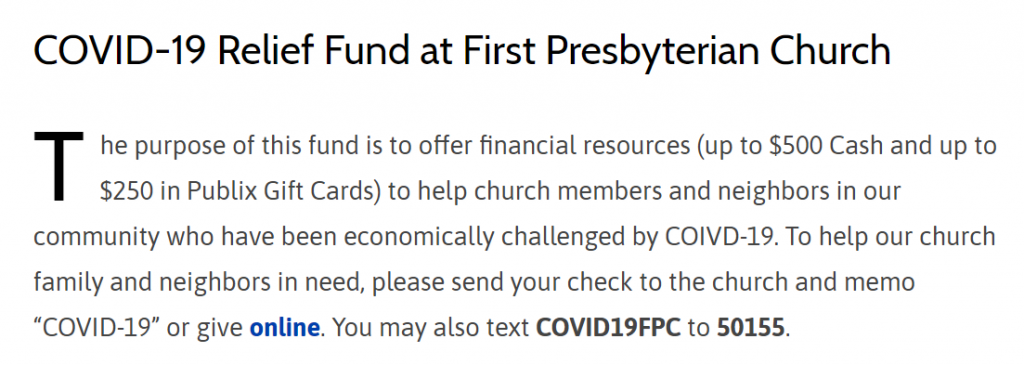 Description of the purpose of First Presbyterian Church of Lakeland's COVID-19 Relief Fund. Below this statement is their text fundraising keyword and the number to text the keyword to.