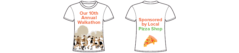 T-shirt design for a 10th annual walkathon sponsored by a local pizza shop.