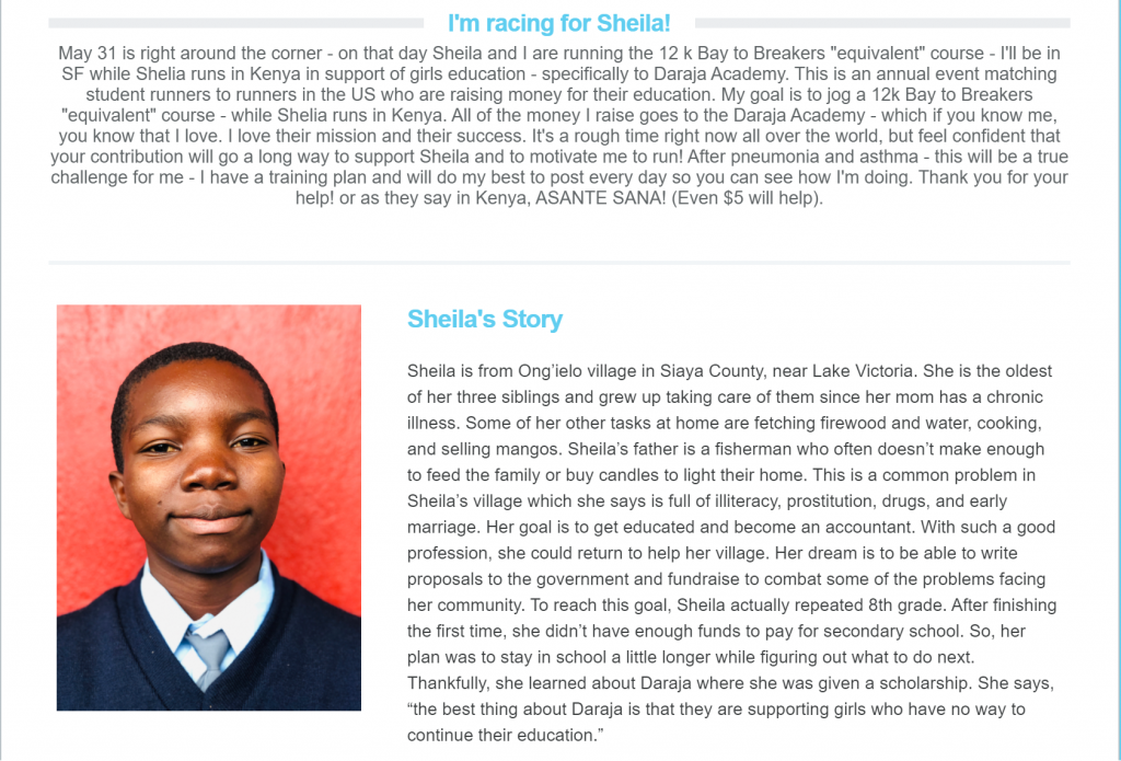 A Daraja Academy fundraising participant's fundraising page story.