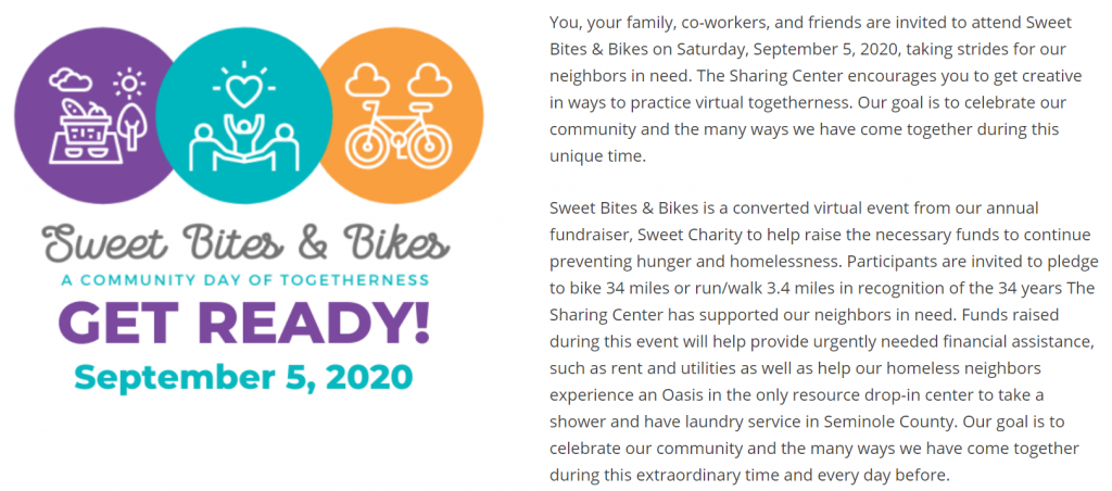 Part of the Sweet Bites and Bikes dedicated event page that describes the event and its transformation from an annual in-person event, Sweet Charity. Their event transitioned to a virtual format because of COVID-19.