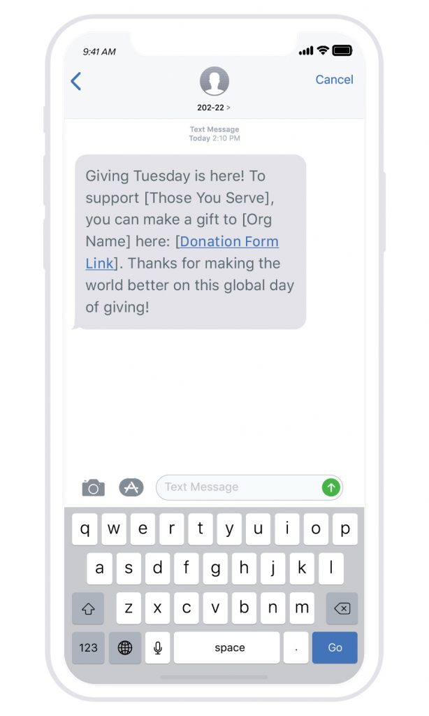 A message template for the day of Giving Tuesday with a link to the donation form.