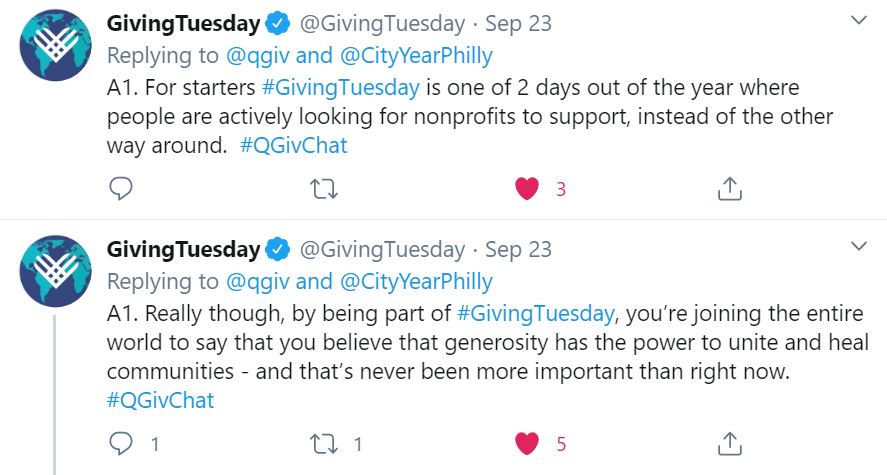 Screenshots of the conversation on Twitter between GivingTuesday, Qgiv, and City Year Philadelphia discussing the first question of the Qgiv Chat.