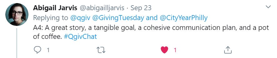 Abby Jarvis' response to question 4 of the Qgiv Twitter Chat.
