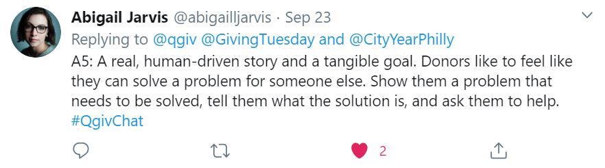 Abby Jarvis' answer to question five of the Qgiv Twitter Chat.