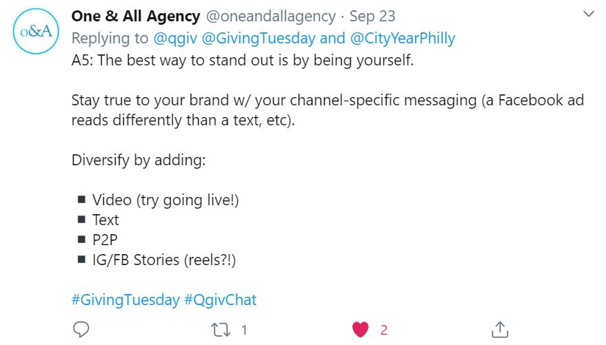 One and All Agency's answer to question 5 of the Twitter Chat.