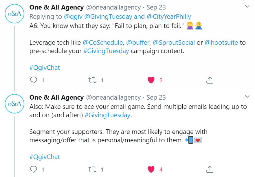One & All Agency's answer to question six of the Qgiv Twitter Chat.