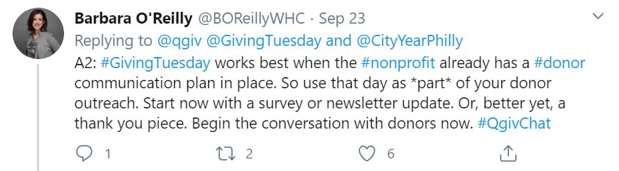 Barbara O'Reilly answering question 2 for the Qgiv Twitter Chat.