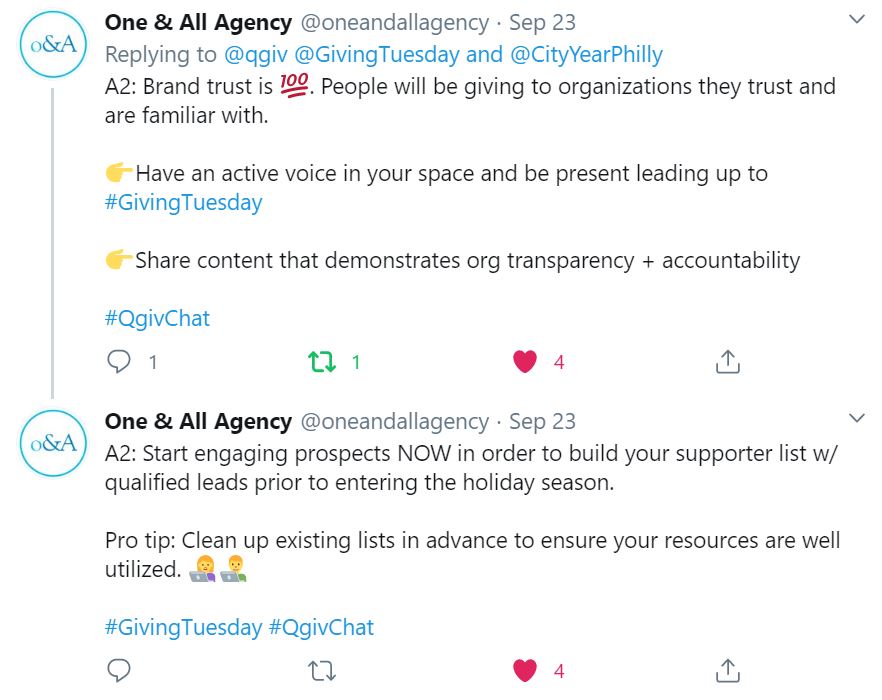 One and All Agency's two-part response to question two of Qgiv's Twitter Chat.