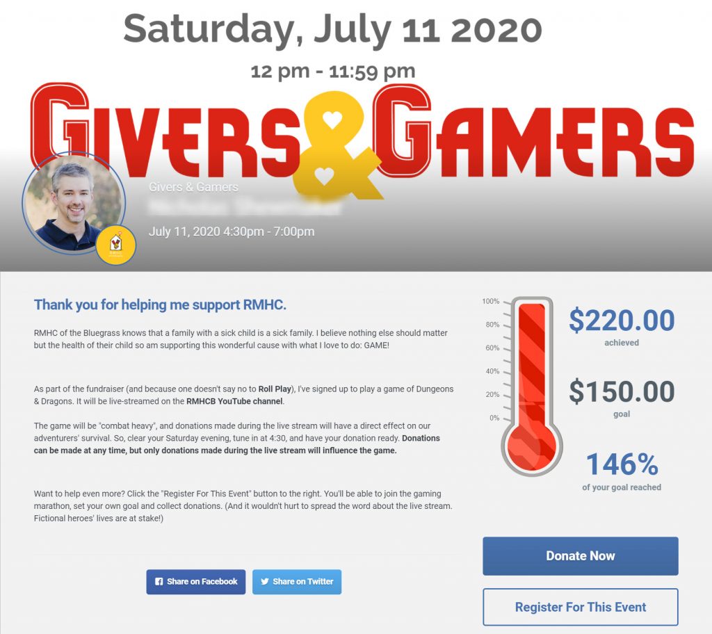 Givers & Gamers participant donation page.