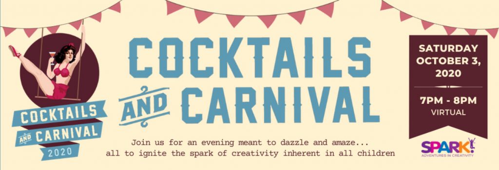 Spark!'s Cocktails and Carnival 2020 Virtual Event Webpage Banner Image.