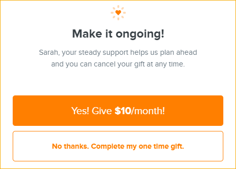 An example of a recurring upgrade modal on Qgiv's standard donation forms.