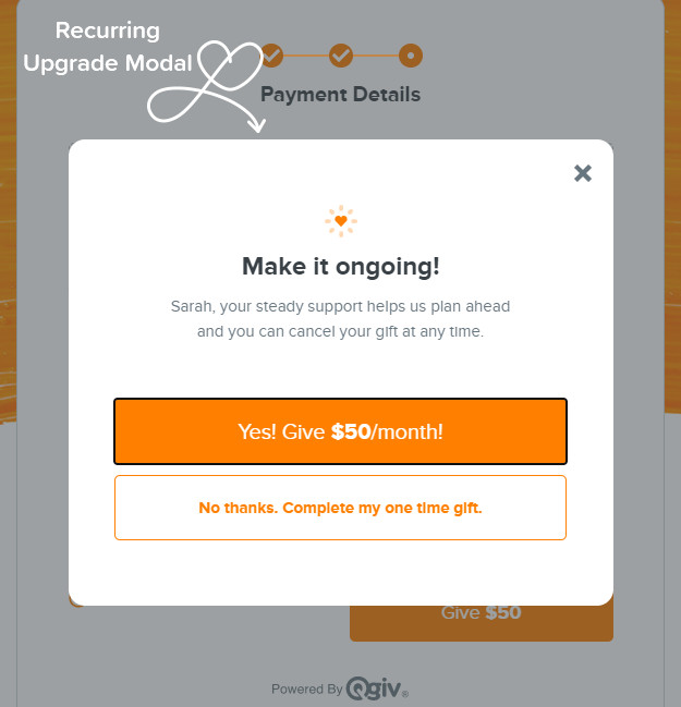 Recurring upgrade modal appearing over a Qgiv donation form.