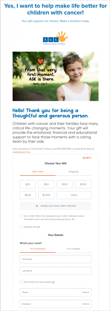 ASK Childhood Cancer Foundation's nonprofit donation form. 