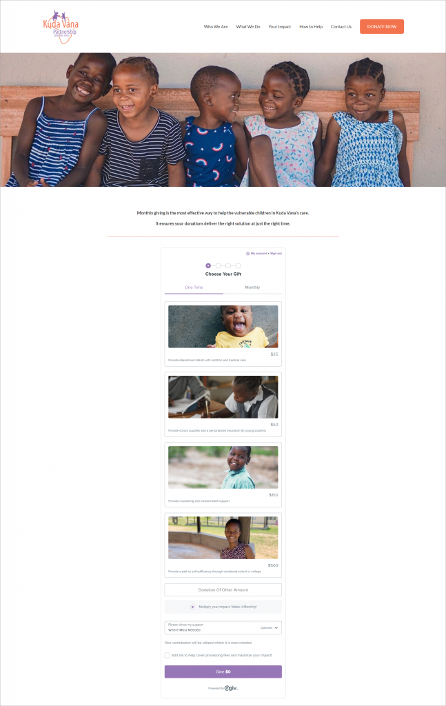 The result of Kuda Vana Partnership's donation form makeover is visually appealing and shows who they serve right on their donation amount buttons.