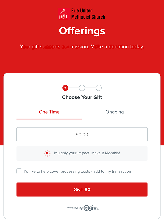 This is a screenshot of the Erie United Methodist Church donation form.
