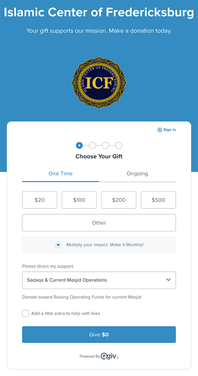 This is a screenshot of the Islamic Center of Fredericksburg church donation form.