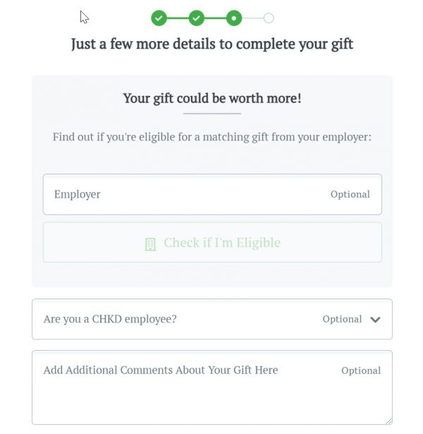 screenshot of Lighting the Way donation form matching gift option