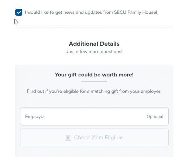 screenshot of SECU Family House's matching gift form