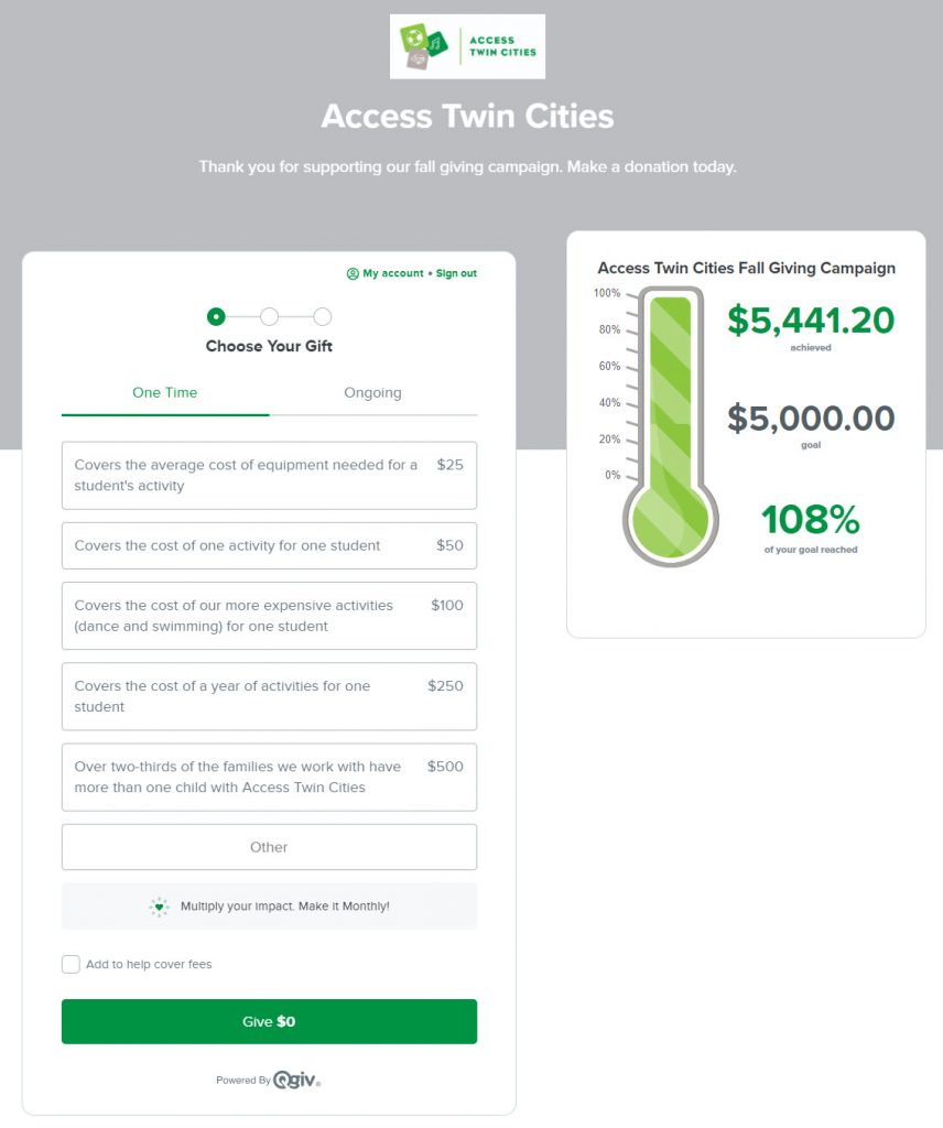 screenshot of Access Twin Cities donation form with their fundraising thermometer
