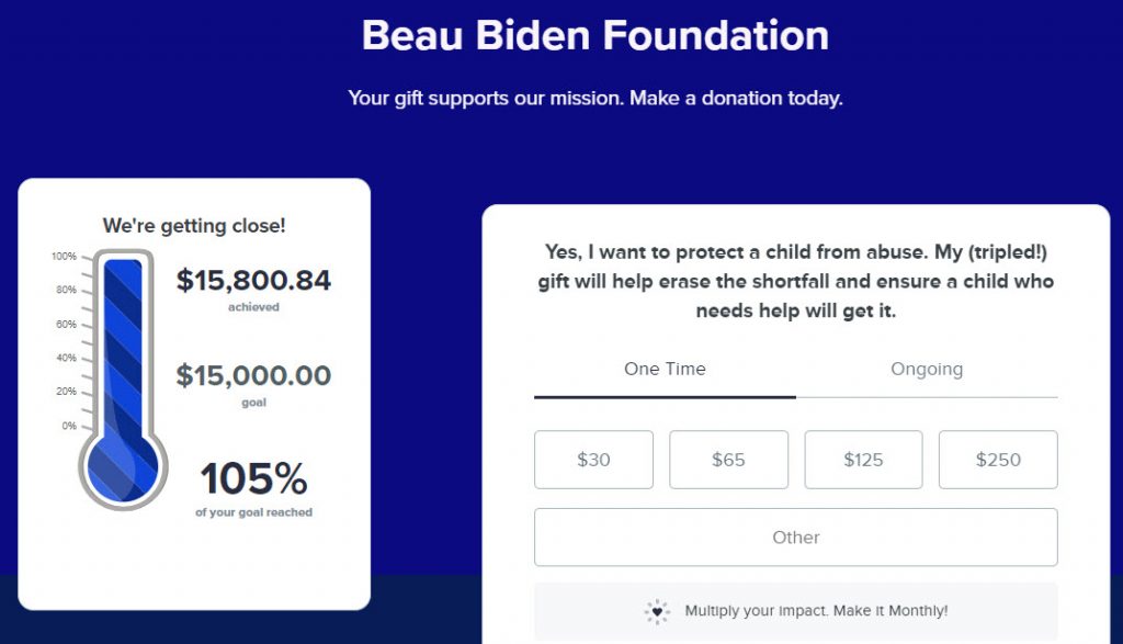 screenshot of Beau Biden Foundation donation form with fundraising thermometer