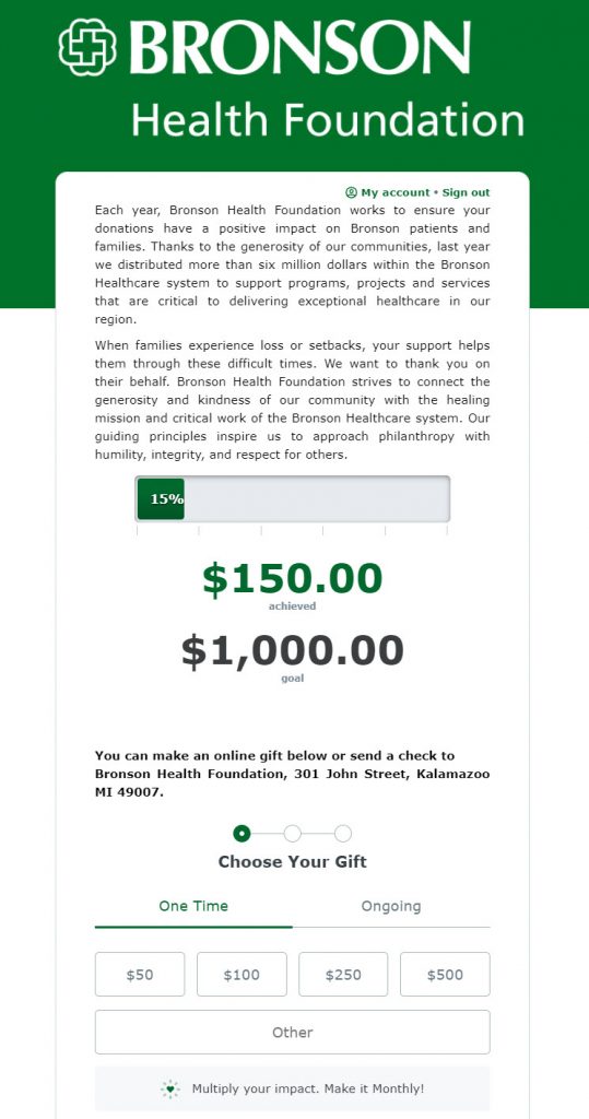 Screenshot of Bronson Health Foundation's fundraising thermometer