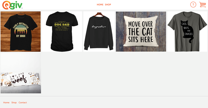 Screenshot example of a Qgiv/Promotion Resource Group's online store with images of t-shirts and pillow