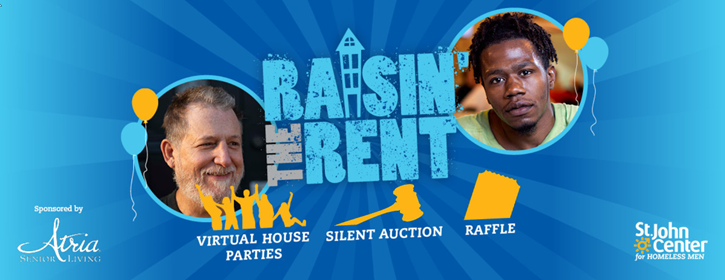 Raisin' Rent auction event poster by St. John Center for Homeless Men with illustrations and photos of two men