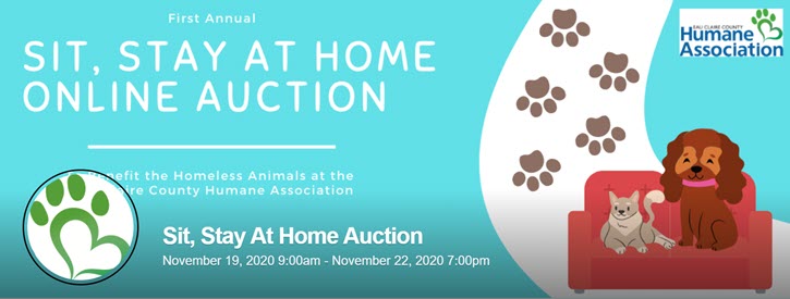 Sit, Stay at Home Online Auction event graphic for the Humane Association