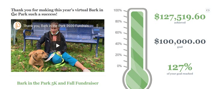 Virtual Bark in the Park example fundraising thermometer and embedded video on event page