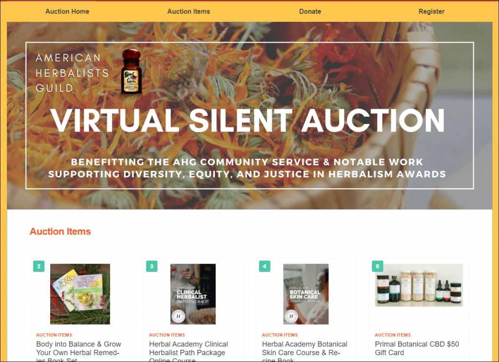 Auction items page for the American Herbalist Guild's Virtual Silent Auction. The page features their logo over a basket of flowers and herbs and four auction items below this page header.