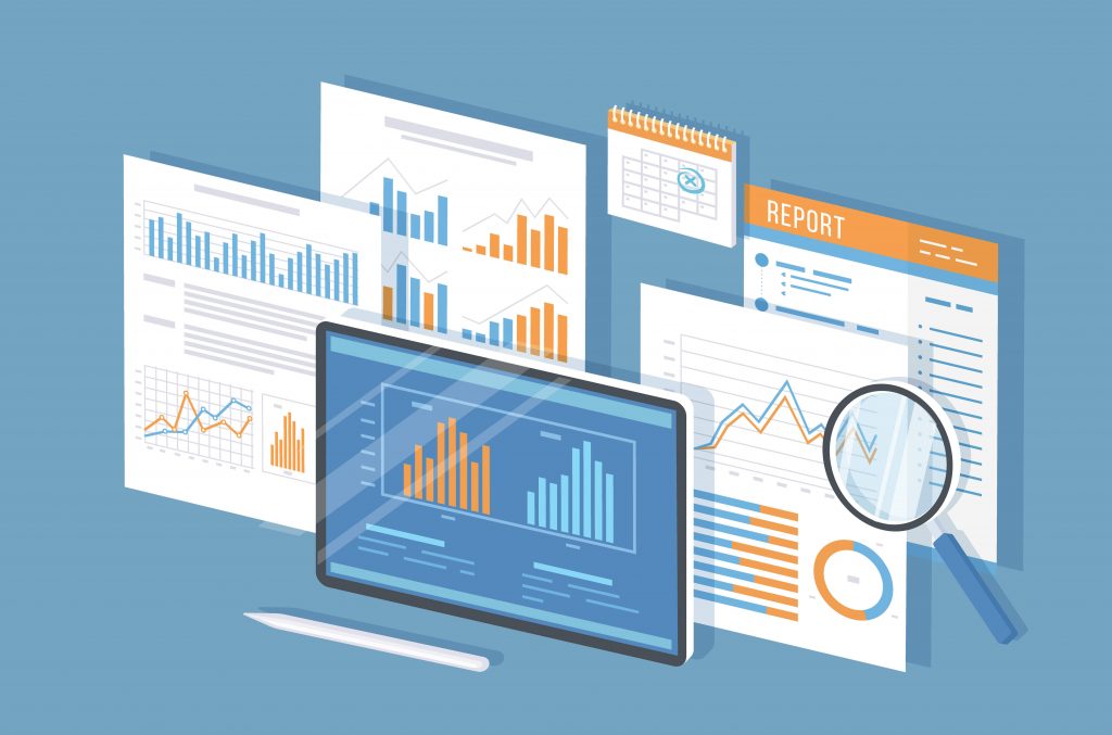 Illustration of bar and lines graphs on multiple computer screens.