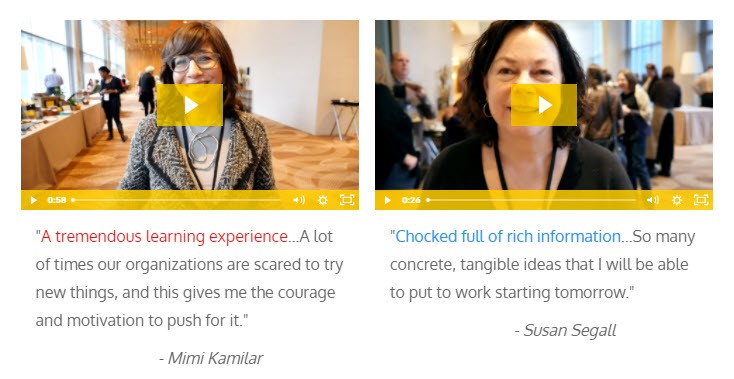 Screenshot of two video thumbnails from the Nonprofit Storytelling Conference of speakers endorsing the nonprofit conference