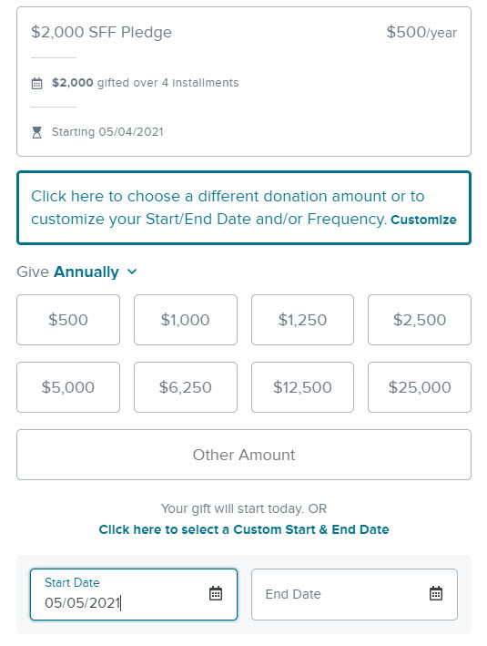 Image of a donation form with one plan option of $500 per year and one custom option. There a dropdown to choose frequency and eight blocks for donation amount options. There are also boxes for start and end date. 