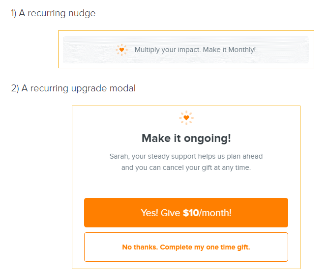Recurring nudge and modal messages on Qgiv's new donation forms.