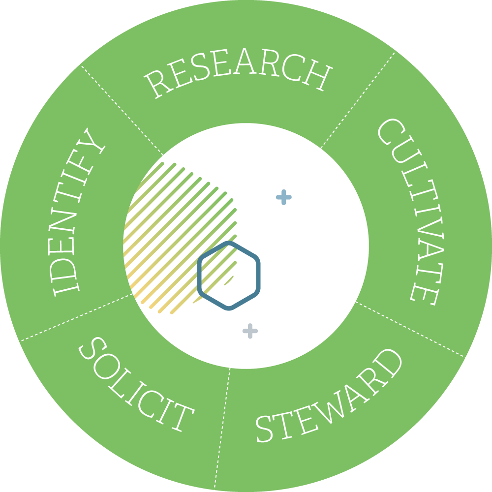 An illustration of the cultivation cycle - a circle divided up into sections that say  identify, research, cultivate, steward, solicit