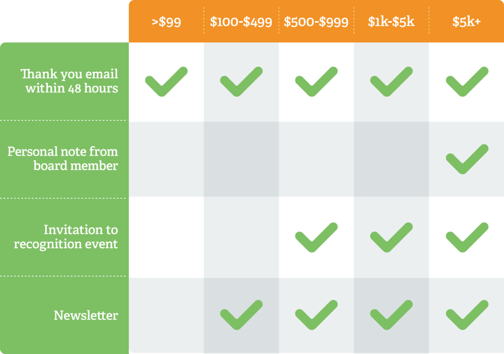 Example of a donor stewardship matrix grid with lefthand categories: thank you email within 48 hours, personal note from board member, invitation to recognition event, newsletter and different giving amounts at top.