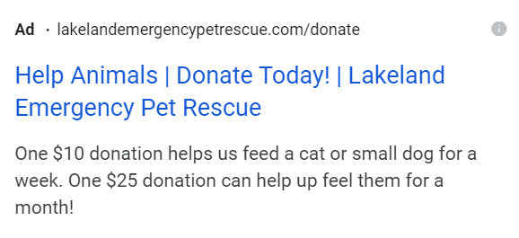 Sample Google ad for an animal rescue nonprofit