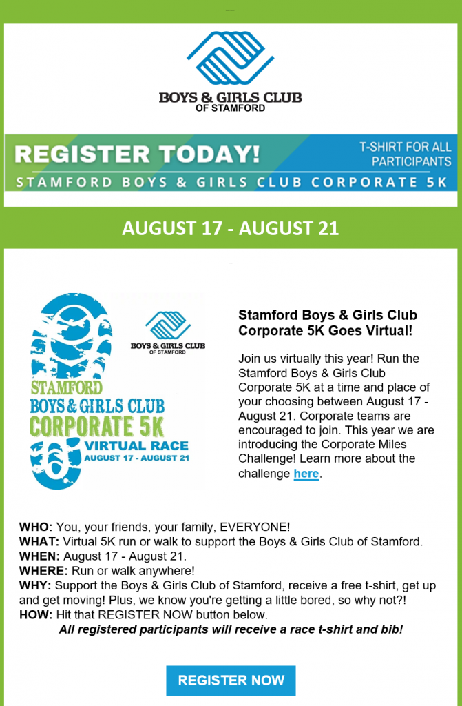 Boys & Girls Club Stamford's email invitation to supporters advertising their next event.