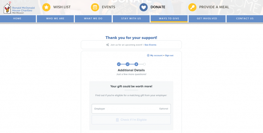 Ronald McDonald House Charities of Mid-Missouri's Qgiv donation form with a matching gift searchbar.