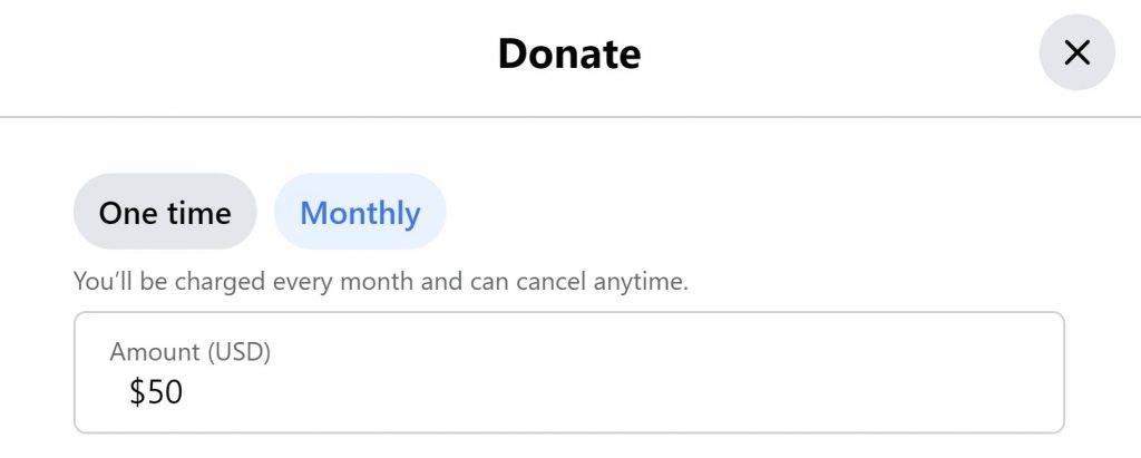 Monthly donation of $50 to a Facebook Fundraiser for nonprofit social media