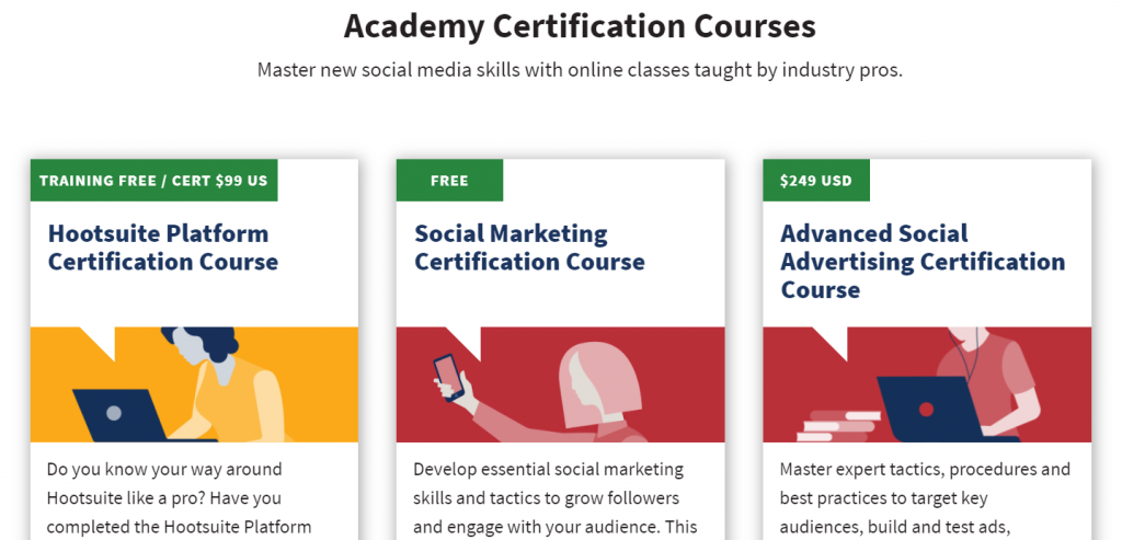 Screenshot of Hootsuite Academy Certification course offerings