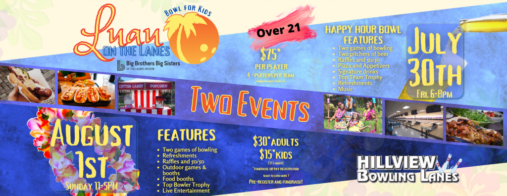 Luau on the Lanes image header marketing the fundraiser as two separate events taking place on two different days at Hillview Bowling Lanes.