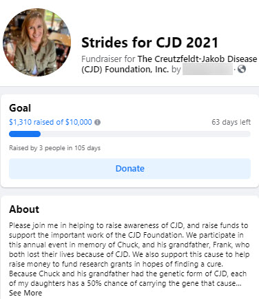 A Facebook fundraiser for the Strides for CJD 2021 peer-to-peer fundraising event.