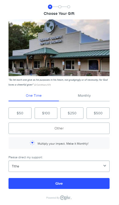 Calvert County Baptist Church's online giving form.