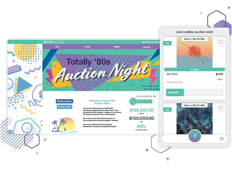 Qgiv auction mockup featuring Totally '80s Auction Night