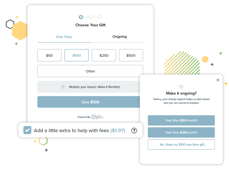 Qgiv donation form mockup featuring GiftAssist and recurring giving