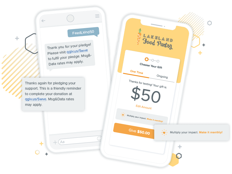 Qgiv text-to-give fundraising mockup featuring $50 donation to Lakeland Food Pantry