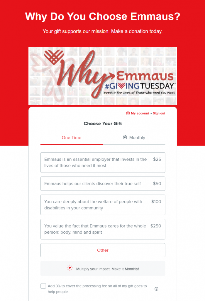Emmaus Homes donation form with reasons why donors give listed next to each donation amount.